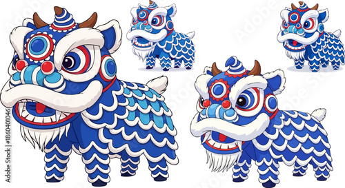 Set of colorful blue Chinese lion dance costumes for festive celebrations