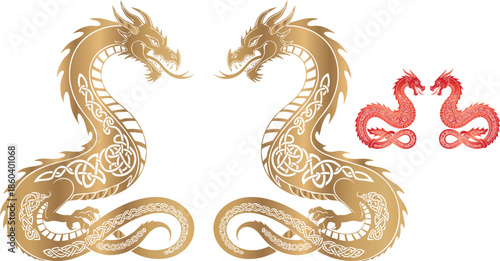 Golden Chinese style dragons forming a heart shape illustration design