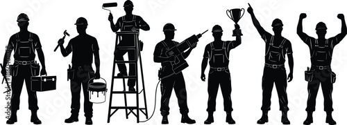 Collection of professional construction worker silhouettes with tools equipment ladder and trophy representing manual labor skilled trades industry and career success
