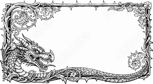 Ornate black and white vintage frame design featuring a detailed dragon head