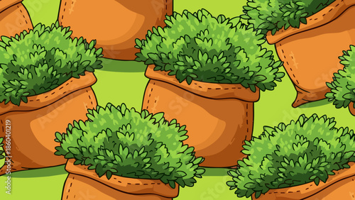 Seamless pattern of green leafy plants growing inside brown burlap sacks