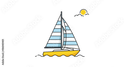 Colorful sailboat on the water with a bright yellow sun and small clouds in a simple line art style.