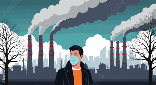 Man wearing a protective face mask standing in front of industrial factories emitting smoke into the air.