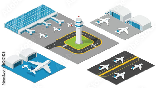 Isometric airport illustration with control tower airplanes and surrounding facilities