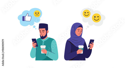 Muslim man and woman wearing traditional clothing and hijab using their smartphones while holding coffee cups.
