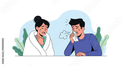 Man and woman feeling sick with flu or cold symptoms, coughing, blowing nose, and shivering under a blanket.