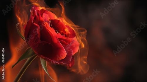 A vibrant red rose engulfed in flames creates an intense and dramatic scene against a dark background,
