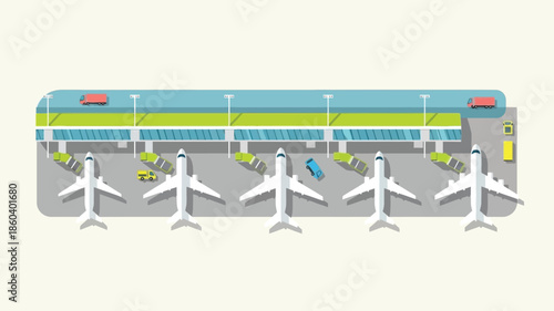 Overhead view of an airport terminal with parked airplanes and gates
