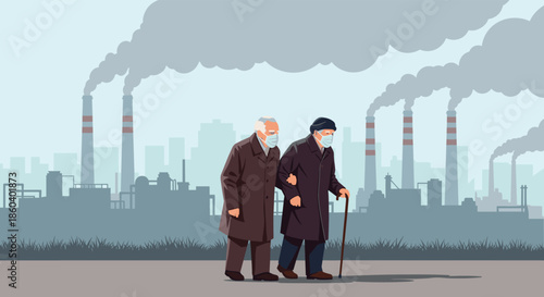 Elderly couple wearing protective face masks walking together in a heavily polluted industrial city with smoking factory chimneys background.