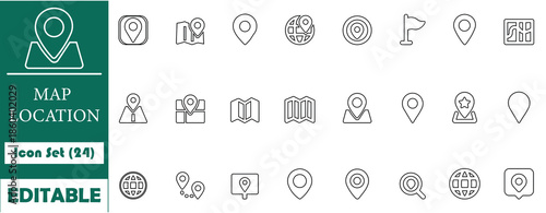 Clean and modern map location icon set with 24 black flat symbols, perfect for navigation, GPS, travel apps, websites, UI design and digital projects.