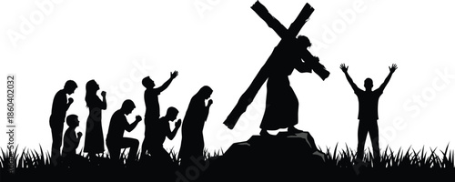 Silhouette of Jesus Christ carrying the wooden cross on Calvary Hill with people praying and worshiping for Christian religious Easter themes