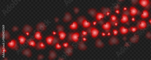 Red Heart Bokeh Scatter Trail with Soft Glowing Effect on Transparent Background