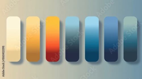 A set of seven vertical rectangular cards arranged side by side, each showcasing a unique gradient color,