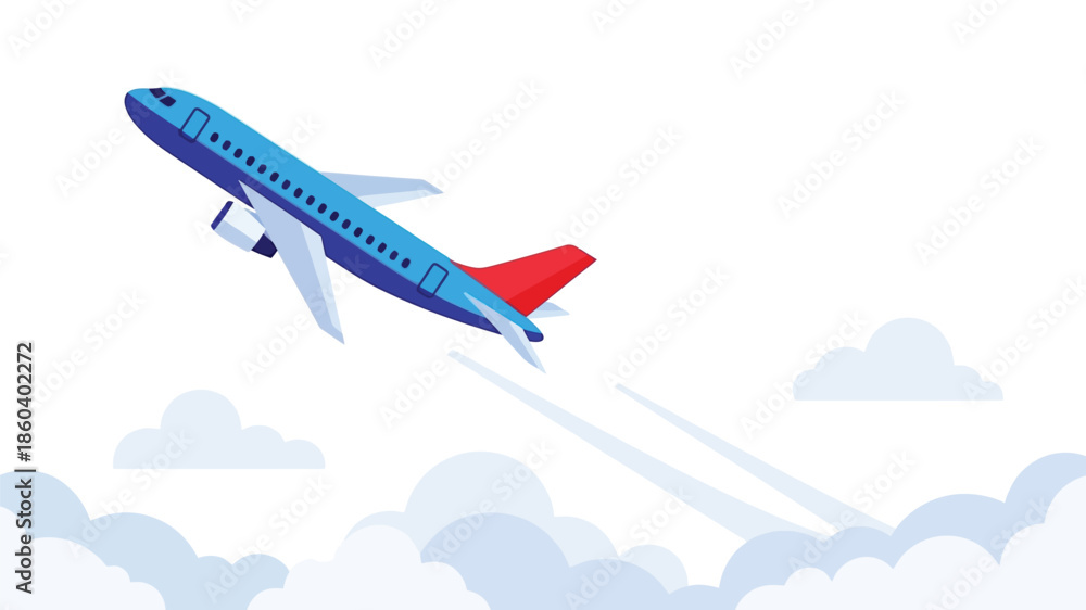 Fototapeta premium A blue airplane soaring through the sky with fluffy white clouds below