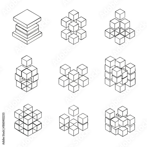 Abstract isometric line drawings of stacked cubes in various geometric arrangements, conveying concepts of structure and order.