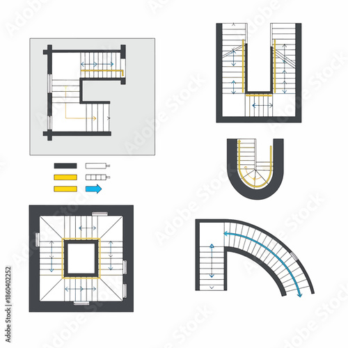 Set of Architectural Staircase Designs Including Straight, U-Shaped, Square, and Curved Variants with Directional Arrows