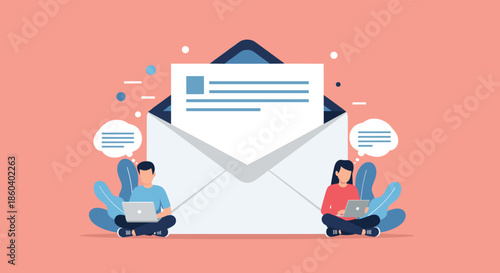 Man and woman working on laptops in front of a giant open envelope with a document representing email marketing and digital communication.