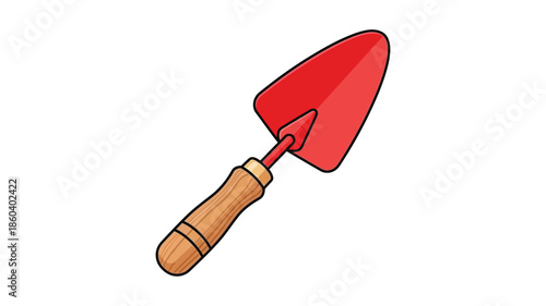 A cartoon illustration of a red trowel with a wooden handle