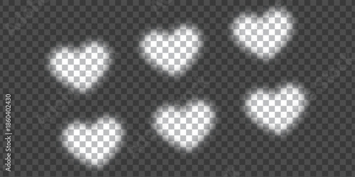 White Glowing Heart Shape Overlays with Soft Bokeh Light Effect on Transparent Background