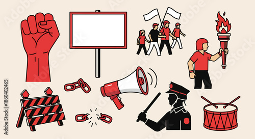 Protest Symbols and Elements Featuring a Raised Fist, Marching Crowd, Torch, Megaphone, and Police Officer Illustration