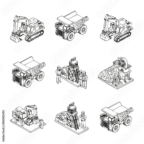 Collection of isometric industrial machinery and construction vehicles, representing mining and heavy industry processes in a clean line art style.