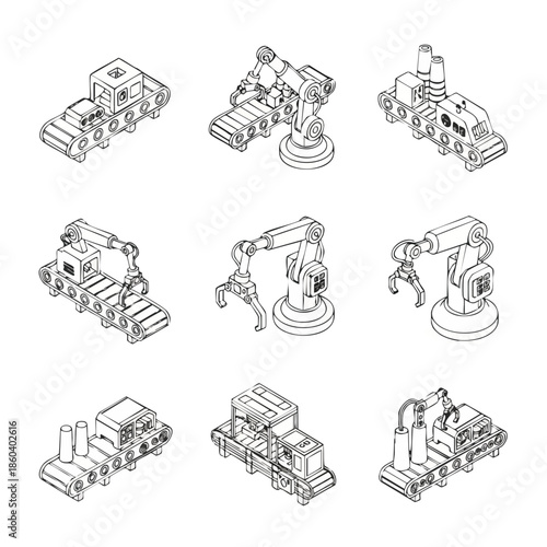 Collection of nine isometric line art icons illustrating automated manufacturing processes featuring robotic arms and conveyor belts for industry concepts