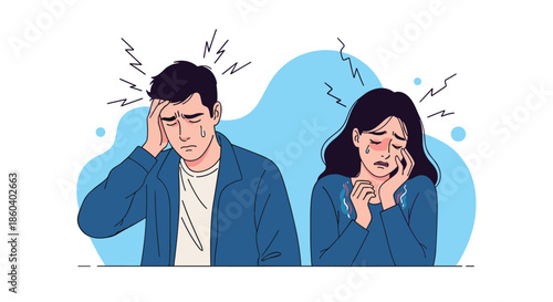Man and woman feeling extreme emotional pain and distress with headache symptoms, tears, and anxiety icons showing mental health struggle.