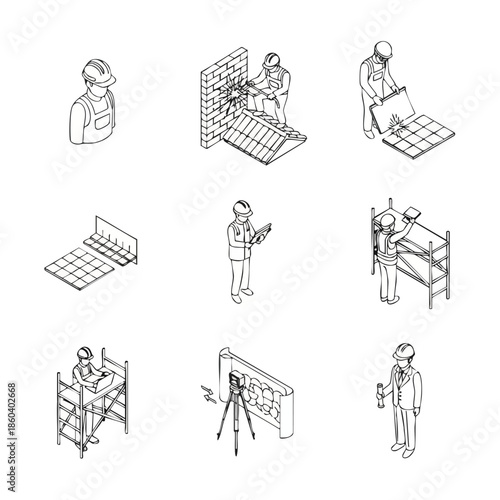 Construction and Engineering Isometric Line Art Icons Set.