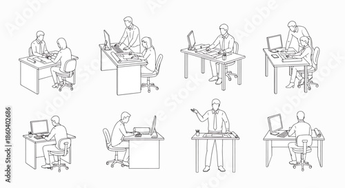 Office workers collaborating at desks with computers and architectural drawings in a modern business environment setting