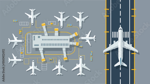 Overhead view of an airport with planes on the runway and terminal