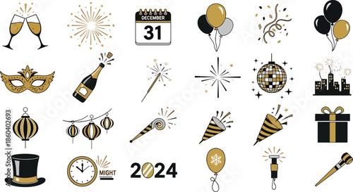 New Year's Eve Celebration Icons Collection Golden and Black Elements Festive Symbols for Holiday Design