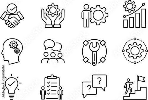 Hand drawn business strategy and management doodle icon set with teamwork ideas growth and planning symbols