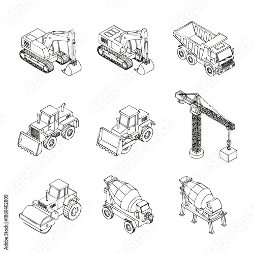 Construction Equipment Set - Isometric Line Art Illustrations for Industry and Building Projects.