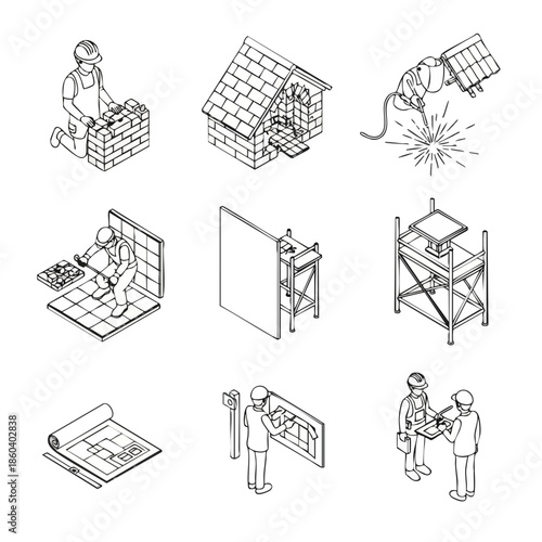 Construction Industry Isometric Icons: Builders, Welders, Planners & Scaffolding Illustrating Building Process.