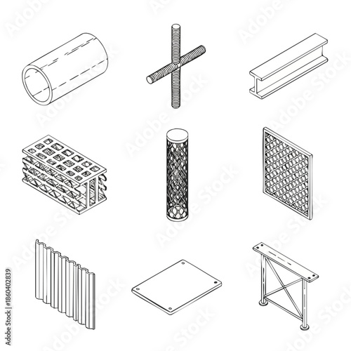 Construction Materials and Building Components Isometric Line Drawing Vector Set.