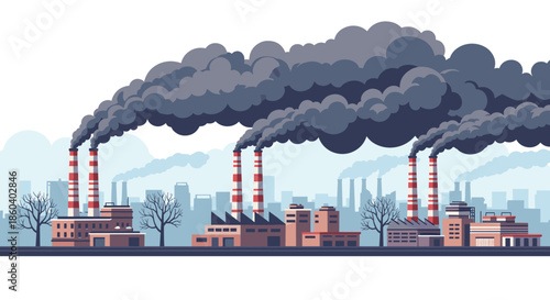 Wide panorama of an industrial city landscape with multiple factory chimneys emitting heavy dark smoke into the sky causing air pollution.