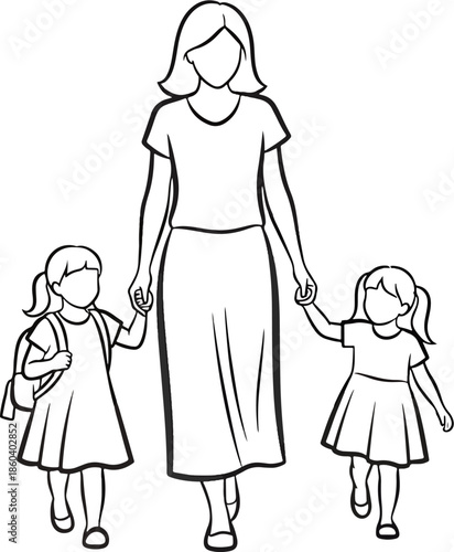 Mother walking with two daughters holding hands, one daughter carries a backpack, simple line art illustration