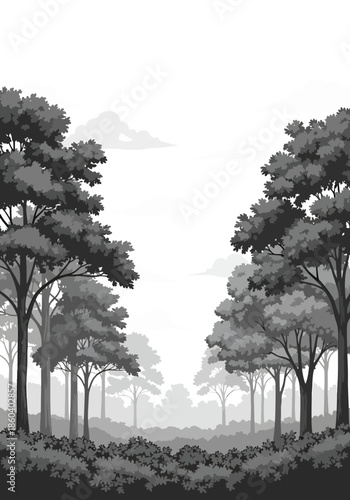 Monochromatic Forest Landscape with Dense Trees and Misty Background, Stylized and Atmospheric Outdoor Scene