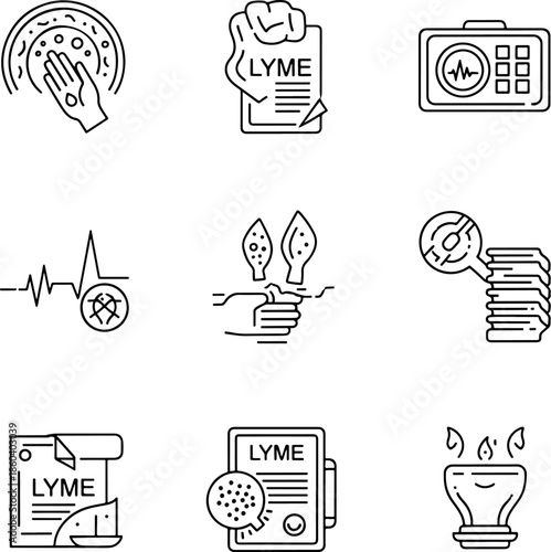 Lyme Disease Medical Research Icons Set Vector Collection of Symbols for Diagnosis, Treatment, and Prevention Against Tick Borne Illness