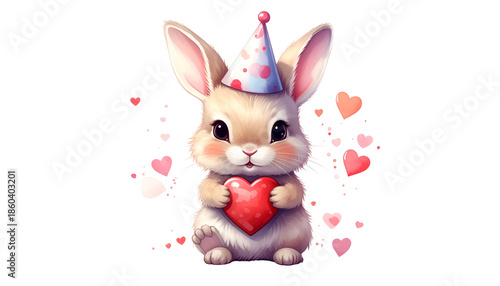 Adorable bunny with a party hat and a heart, surrounded by hearts on a black background