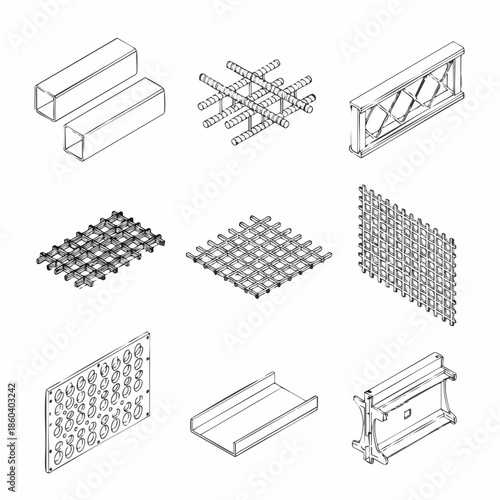 Industrial Construction Materials Set: Rebar, Grids, and Structural Beams for Engineering and Architecture Projects.