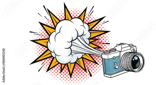 Vintage style illustration of a camera with a large pop art explosion cloud behind it representing creative photography and visual impact.
