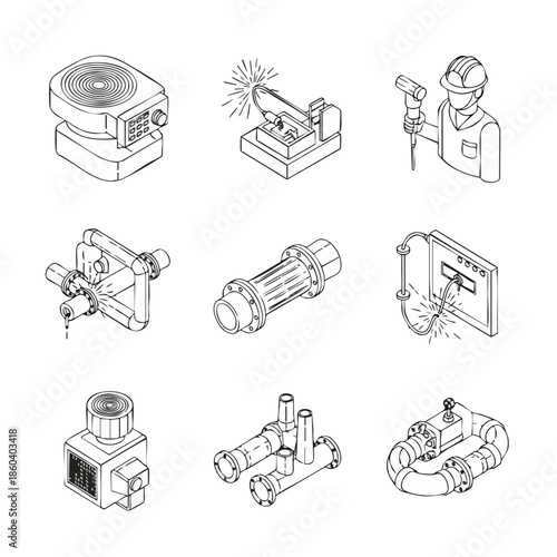 Industrial isometric line art icons for engineering. Features machinery, pipes, valves, control panels, welding, and a worker