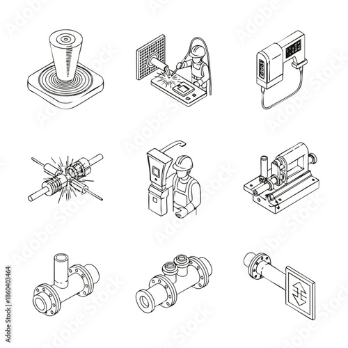 Industrial Manufacturing and Engineering Line Art Icons: Welding, Machining, and Piping Systems.