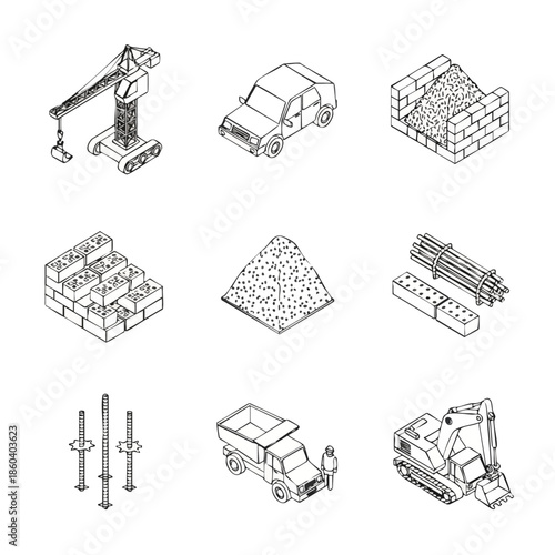 Isometric Building Construction Elements with Crane, Excavator, Truck, and Materials.