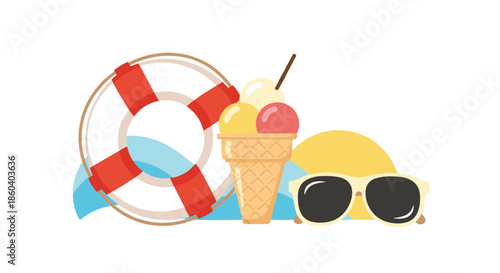 Summer holiday composition featuring a lifebuoy and ice cream cone along with sunglasses and abstract beach elements.