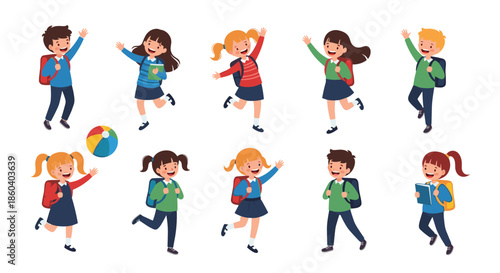 Group of diverse school children with backpacks and books are jumping and waving happily in a playful cartoon illustration.
