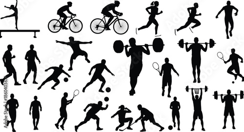 Comprehensive vector collection of athlete silhouettes performing various sports including cycling running soccer tennis weightlifting gymnastics and hockey for fitness competition