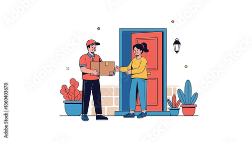 Courier Delivering Package to Happy Customer at Front Door Flat Illustration