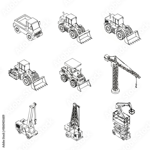 Isometric Construction Equipment Set - Heavy Machinery and Crane Vector Collection for Engineering and Building Projects.